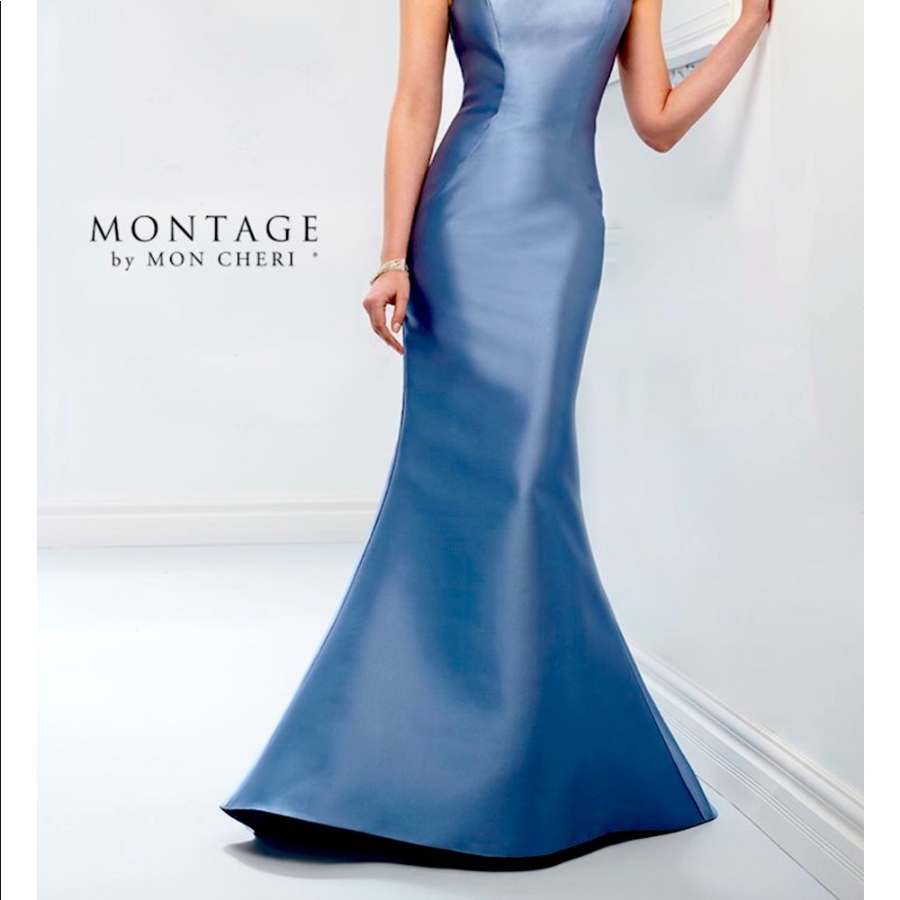 Montage by Mon Cheri Satin Blue Mermaid Gown